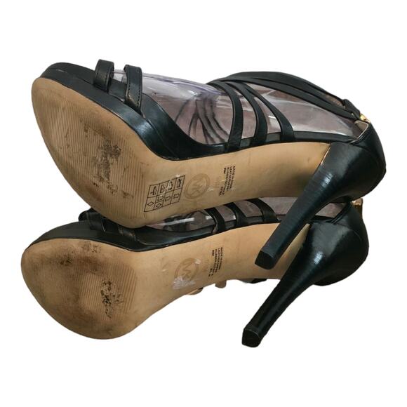 Michael Kors Black Leather Gold Buckle Ava Platform Strappy Heels Size‎ 9.5 - Picture 12 of 15